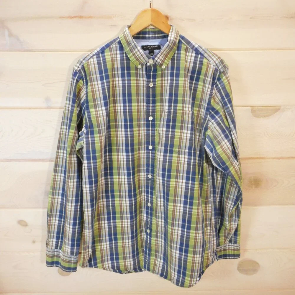 Banana Republic Men's L Slim Fit Plaid Button-up Shirt Blue Green Button-down